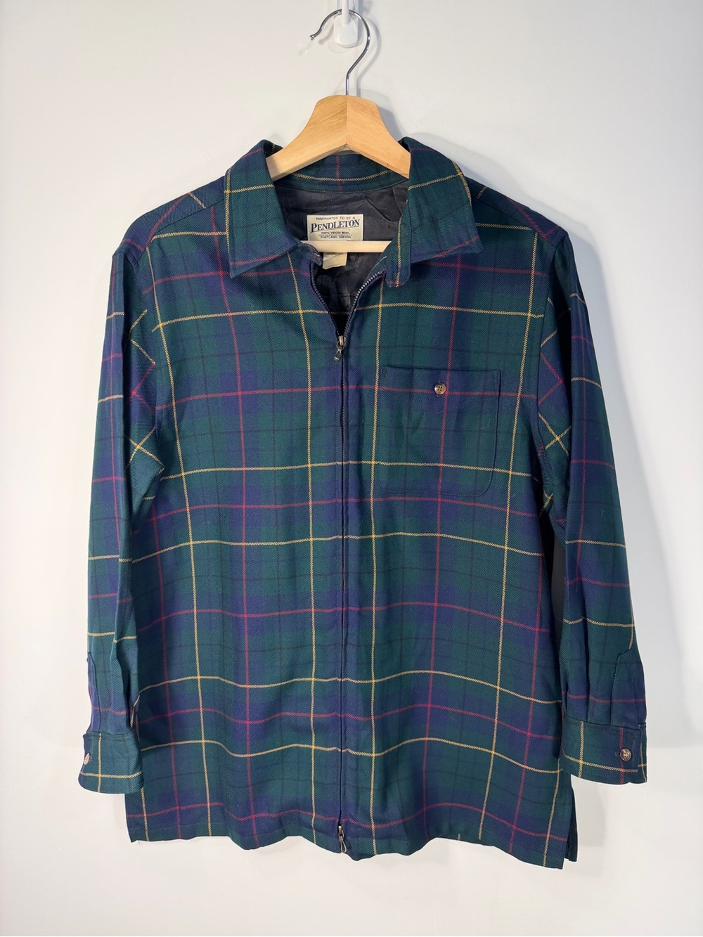 100% Wool Pendleton Men's Green Plaid Zip-Front Shirt Jacket 3/4 Sleeve